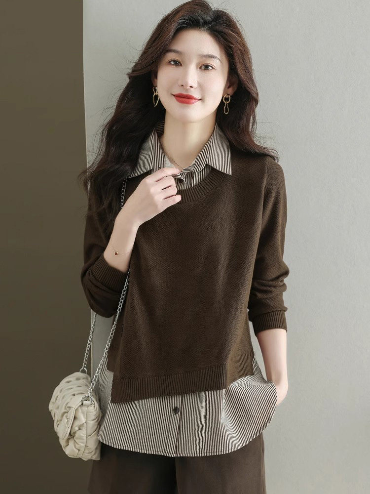 假两件针织衫女春秋2025新款设计感衬衫拼接气质显瘦通勤打底上衣