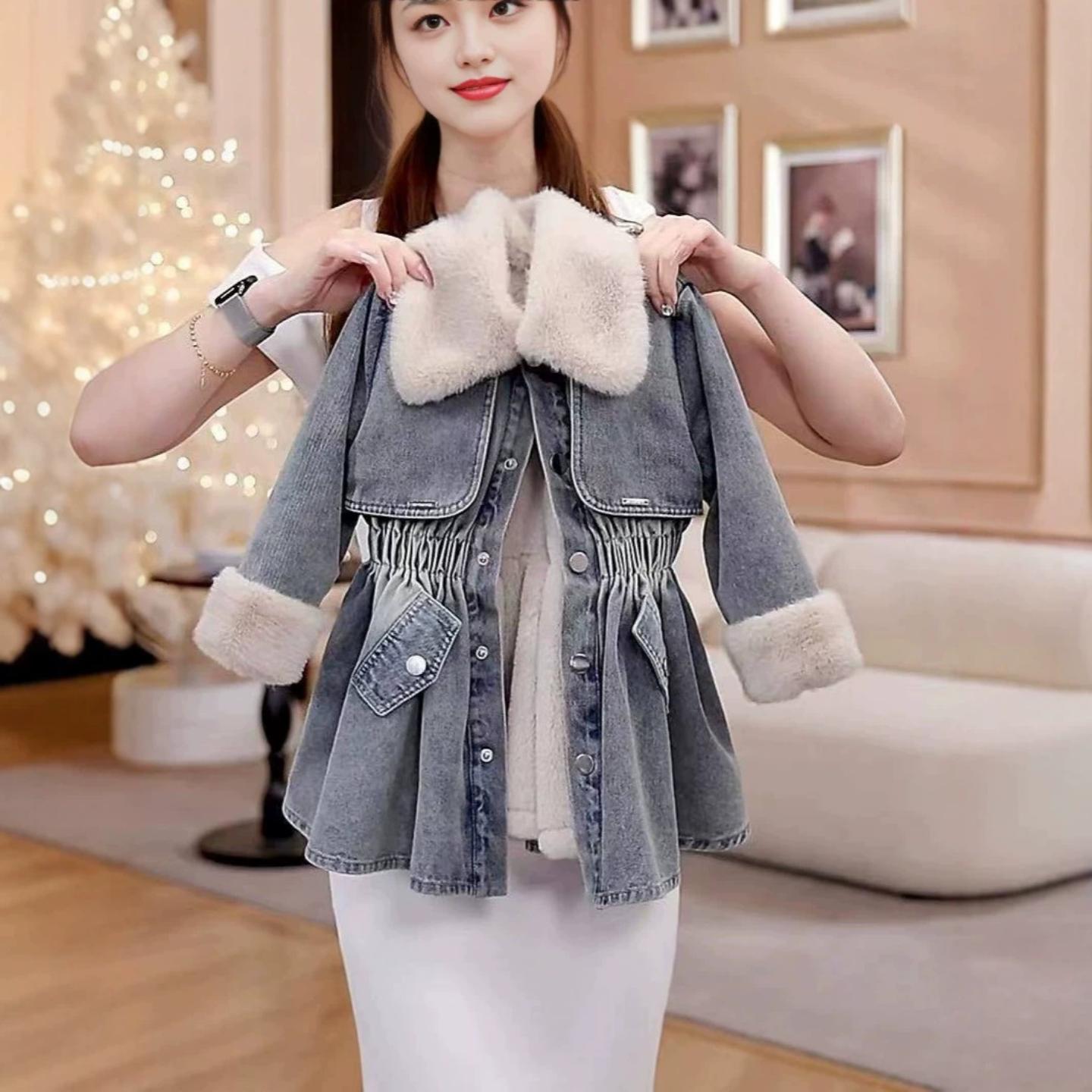 女童冬季新款韩时尚牛仔连衣裙加绒加厚毛领外套儿童棉服收腰外套