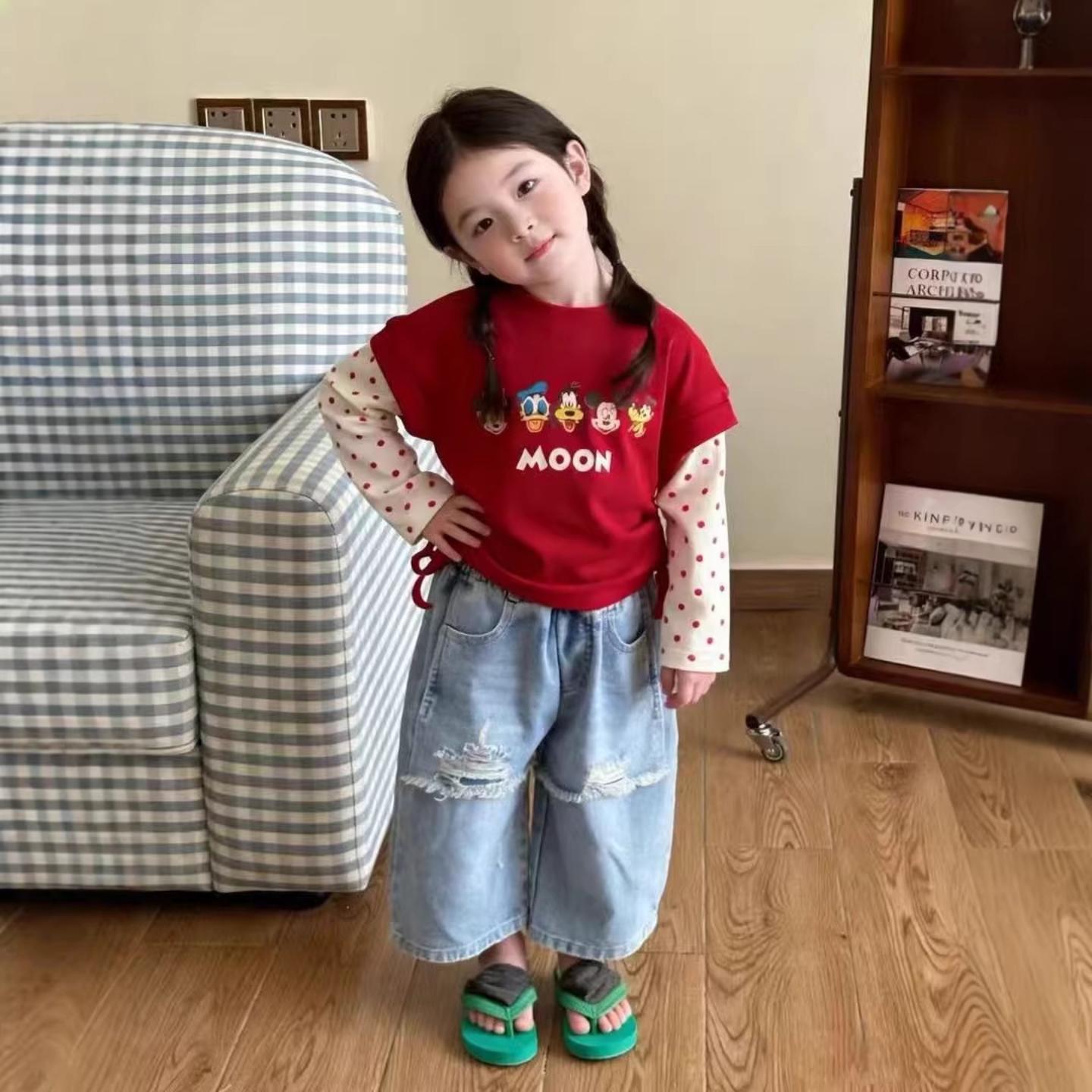 女童春秋季新款韩系卡通假两件+图片