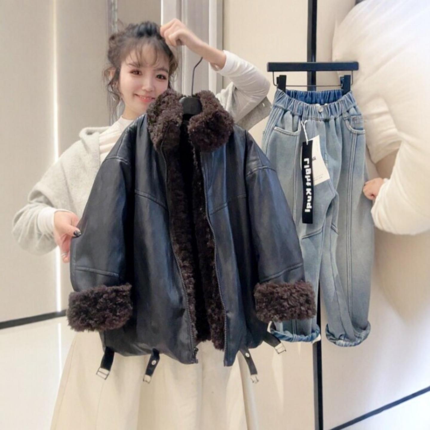 儿童冬季加绒夹克男童女童韩版宽松短款仿羊羔绒加厚外套机车外套