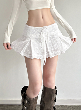 EILOVE 法式少女提花蕾丝半身裙女腰部抽绳绑带防走光超短百褶裙