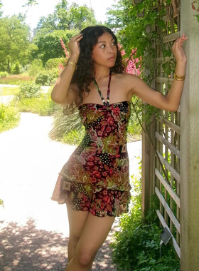 eilove古着民族风串珠挂脖抹胸裙女网纱印花荷叶边拼接A字连衣裙