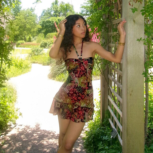 eilove古着民族风串珠挂脖抹胸裙女网纱印花荷叶边拼接A字连衣裙