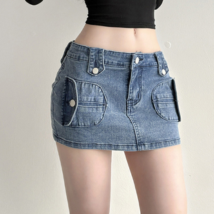 y2k辣妹牛仔裙超短裤 风双侧立体翻盖口袋半身裙美式 裙 工装 EILOVE