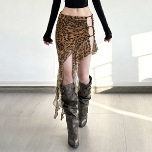EILOVE 野性辣妹豹纹印花网纱半身裙女侧边镂空高开叉不规则半裙