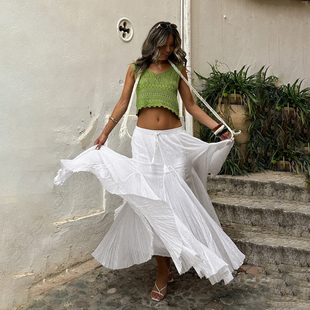 EILOVE 度假风高腰抽绳系带半身裙女飘逸感自然褶皱肌理A字裙 法式