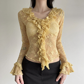 上衣 女度假风性感透视叠穿喇叭袖 eilove法式 气质荷叶边v领蕾丝衫