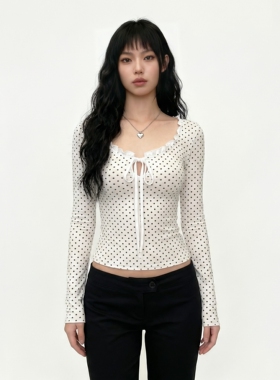 EILOVE 法式复古荷叶边领口波点T恤女甜美纯欲胸前蝴蝶结系带上衣