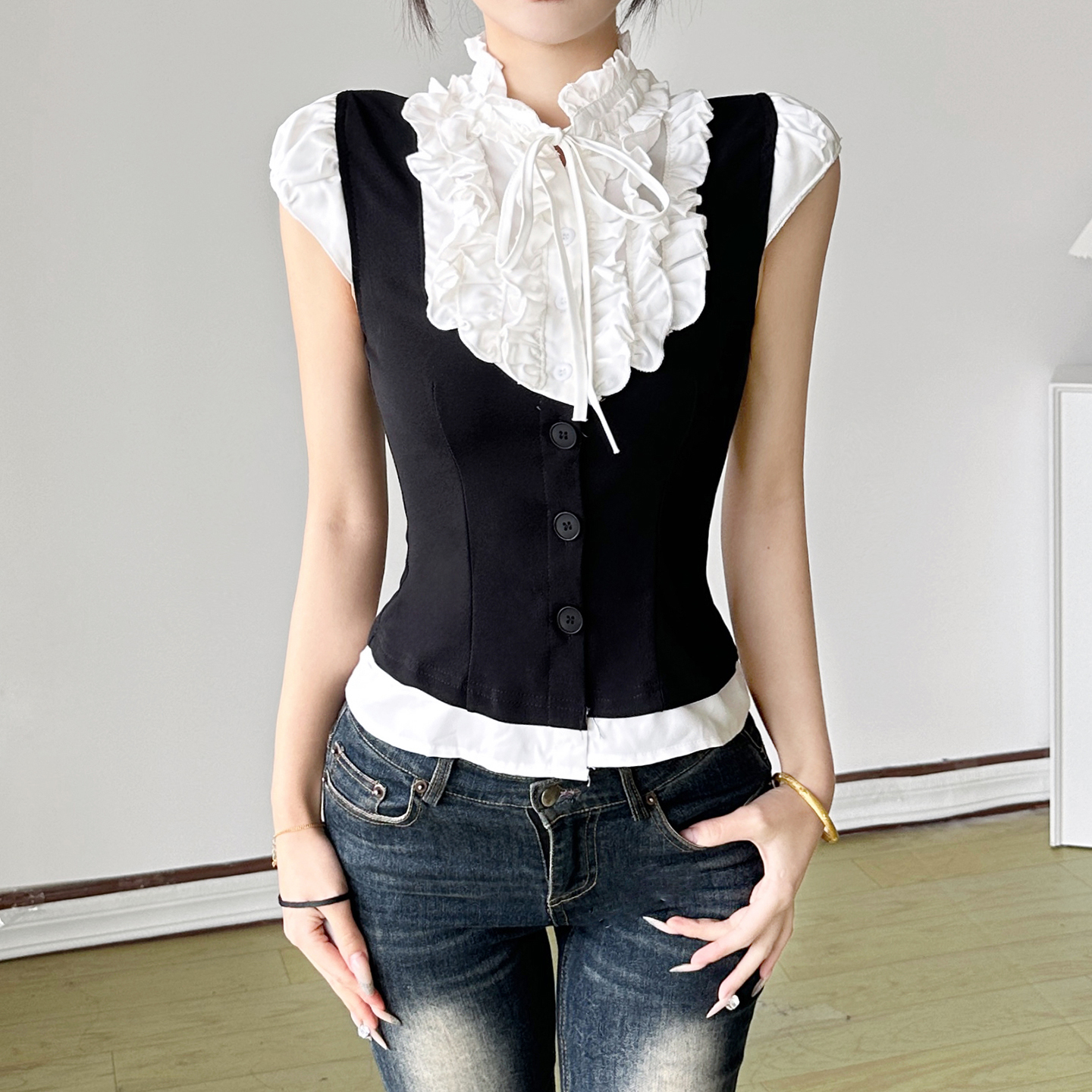 欧式宫廷假两件马甲衬衫上衣
