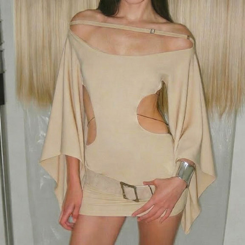 欧美风绑带镂空一字肩连衣裙