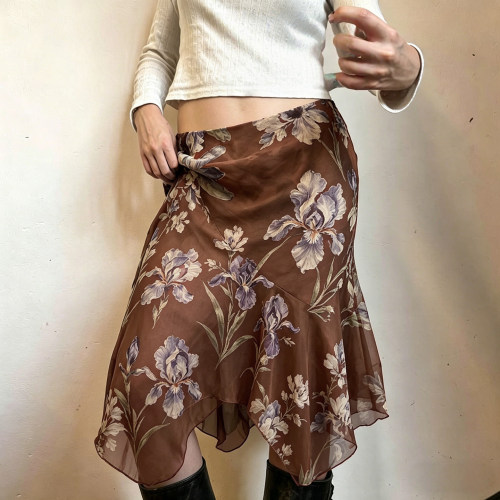 咖棕鸢尾花印花网纱半身裙