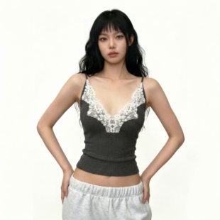 针织背心 外穿无袖 EILOVE 性感纯欲蕾丝拼接低胸v领吊带女辣妹修身