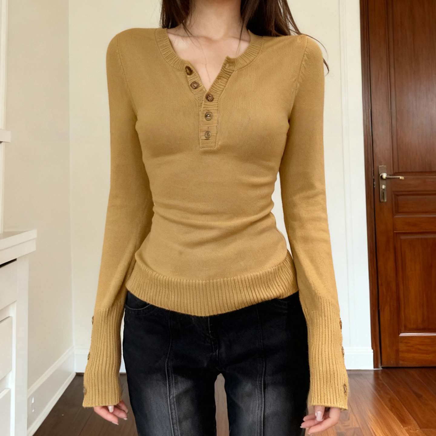 美式复古纽扣半开领坑条毛衣