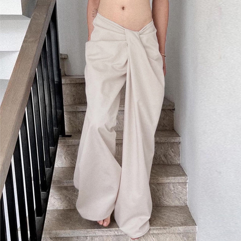 eilove小众ins风不规则扭结腰头休闲裤女松弛感慵懒宽松阔腿长裤
