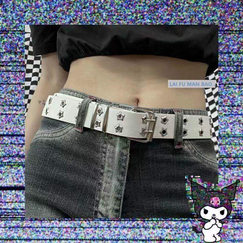 星星多孔美式宽腰带女2026新款裤带牛仔裤设计感小众y2k皮带白色
