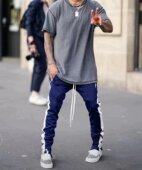 现货 蓝白单边 hzw自主非Fear god第五季 双边校裤 定制定染