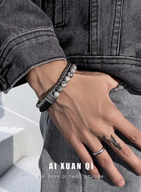 黑曜石手链男潮ins小众串珠配饰