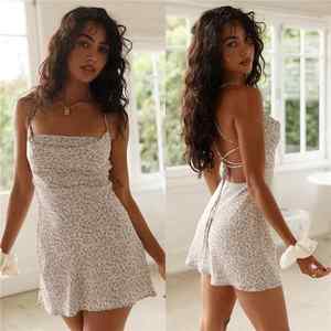 Boho Beach Sundress Women Dress Straps Backless Cross Short