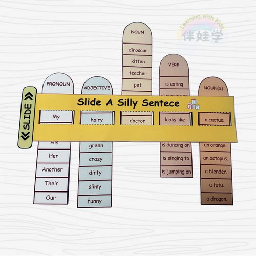 原创小学幼儿儿童趣味语法句子训练抽拉条Silly Sentence Builder