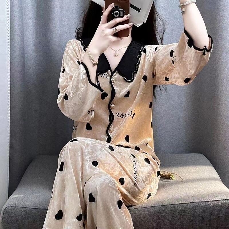 维多利亚高档钻石丝绒睡衣女秋冬季长袖家居服套装甜美法式2023新