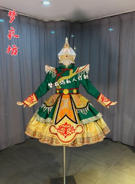 快乐阳光演出服女童短款绿色橙色蒙古族立肩短款唱歌民族服