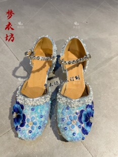 私人定制女童爱莎公主高跟鞋中国风走秀鞋少数民族鞋绣花鞋礼服鞋