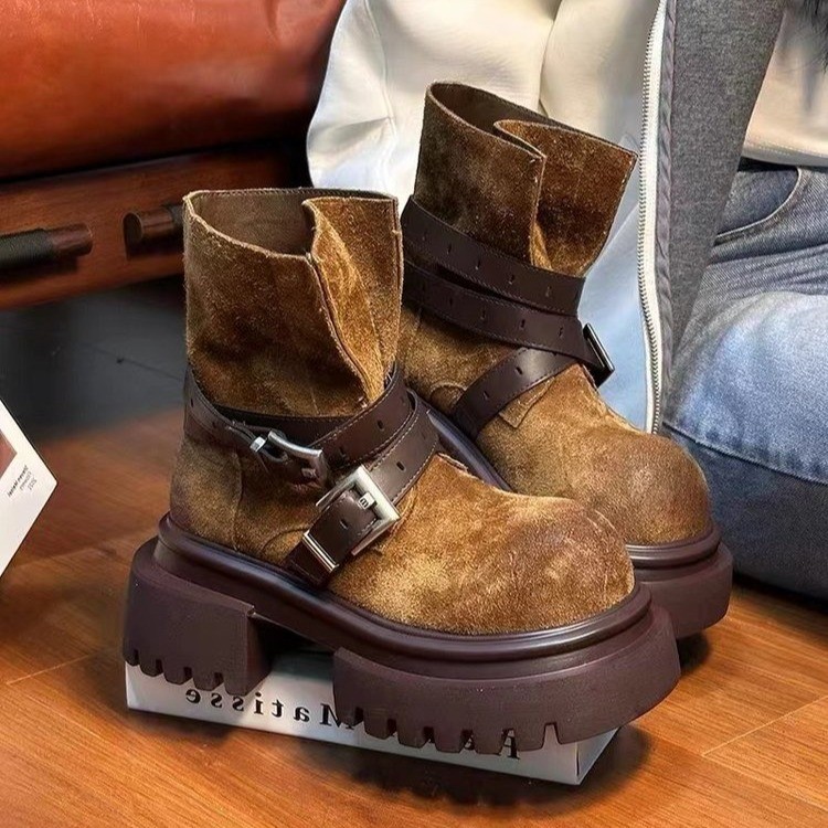 牛皮真皮擦色厚底马丁靴女复古切尔西靴皮带扣增高烟筒短靴机车靴