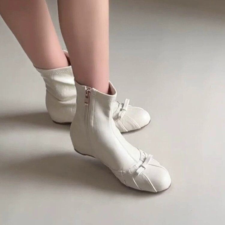 牛皮版~甜美芭蕾风蝴蝶结圆头弹力瘦瘦靴女内增高侧拉链百搭短靴