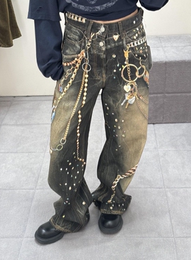 大码3D印花链条吊坠宽松直筒阔腿牛仔裤女vibe高街街头拖地长裤子