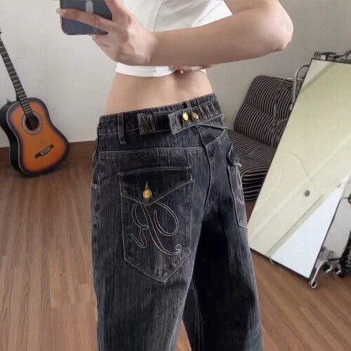 巴黎扣设计竹节牛仔裤子女水洗黑