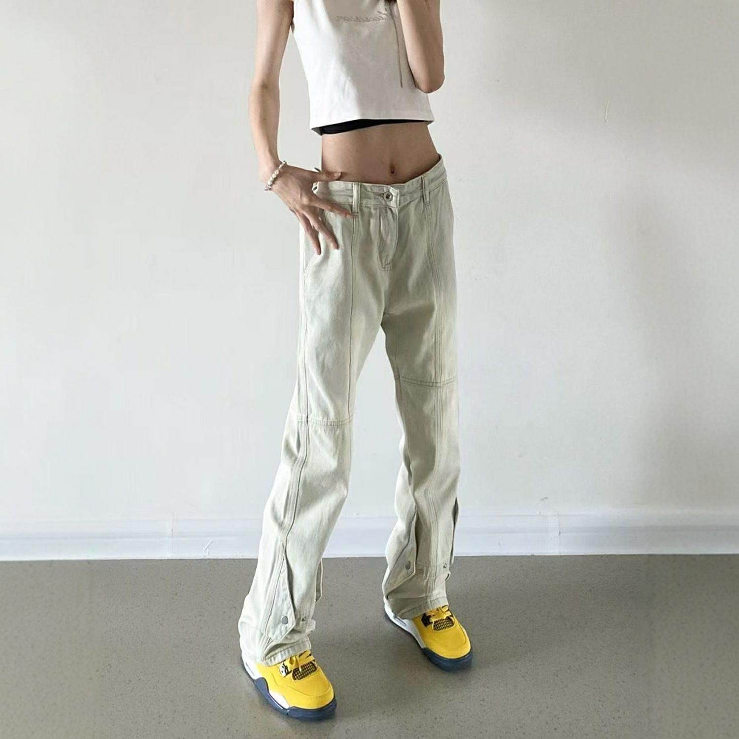 美式高街水洗浅黄泥排扣牛仔裤男女潮牌春夏季嘻哈垂坠长裤子潮流,女装/女士精品,牛仔裤,淘宝优惠券,粉丝福利购,淘宝优惠卷