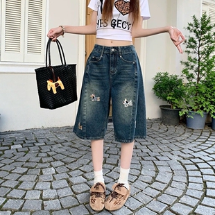 高腰直筒七分裤 阔腿五分中裤 女2026夏季 国潮学生小狗刺绣牛仔短裤
