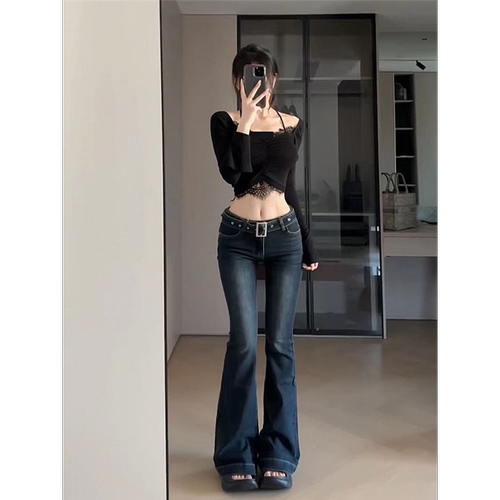 美式复古深蓝色高腰微喇牛仔裤女辣妹设计感修身显瘦喇叭拖地裤子