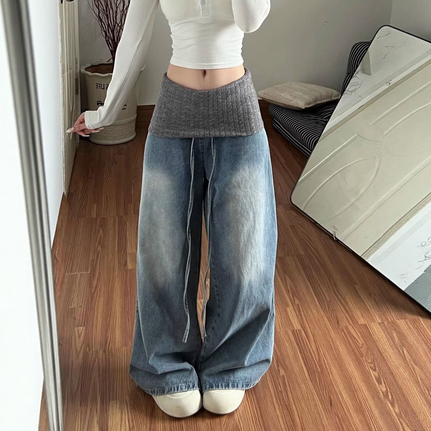 胖mm美式vibe复古毛线拼接牛仔裤女大码设计感宽松垂感阔腿拖地裤