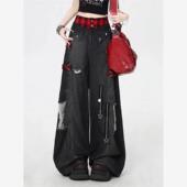 水洗做旧破洞重工高腰牛仔裤 设计感宽松显瘦阔腿拖地裤 女秋季 新款