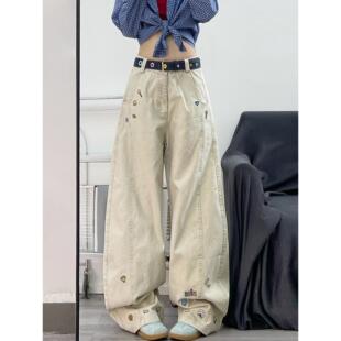 卡通绣花设计感阔腿休闲裤女美式复古秋季新款宽松阔腿弯刀裤子潮