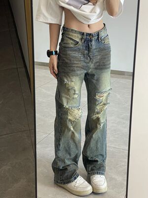 美式复古大码水洗破洞牛仔裤女街头痞帅直筒宽松显瘦阔腿坠感长裤