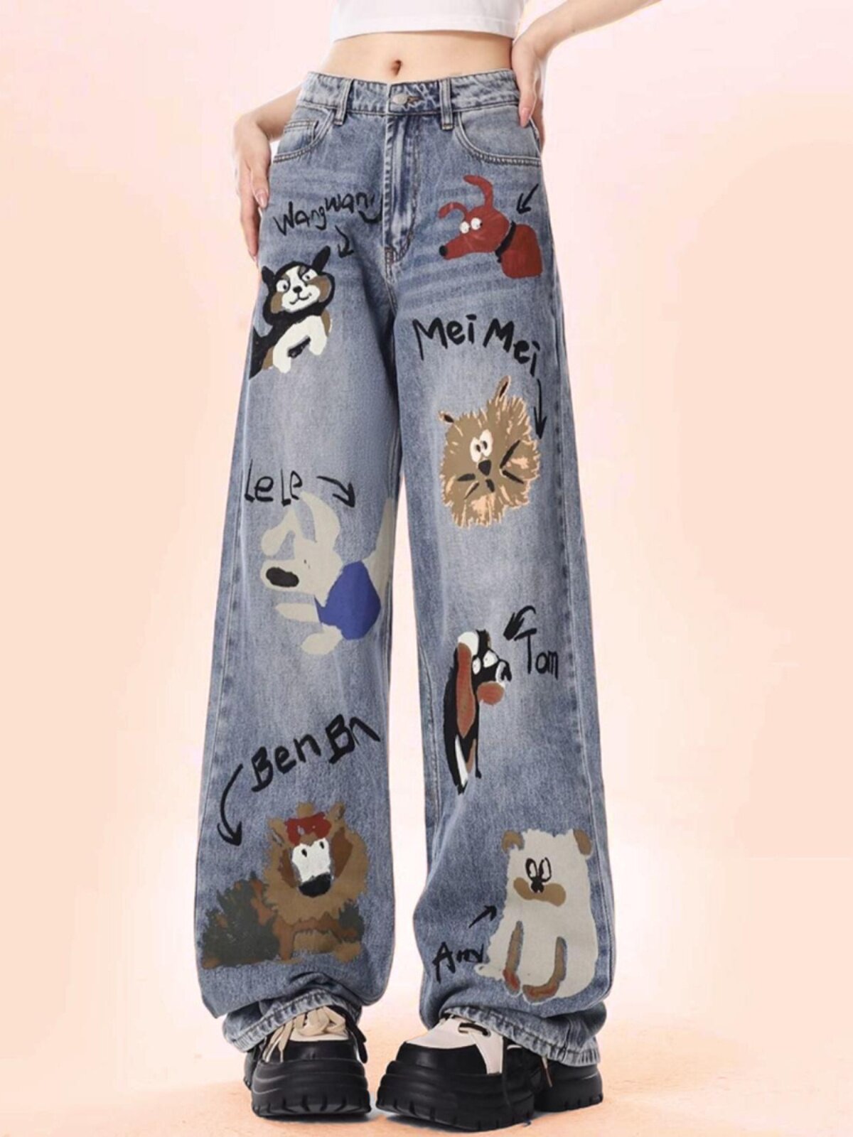 HIGH STREET RETRO CARTOON CAT & DOG EMBROIDERY PATCH WIDE LEG JEANS WOMENS AUTUMN AND WINTER NEW NATIONAL TIDE STUDENT STRAIGHT LEG TROUSERS