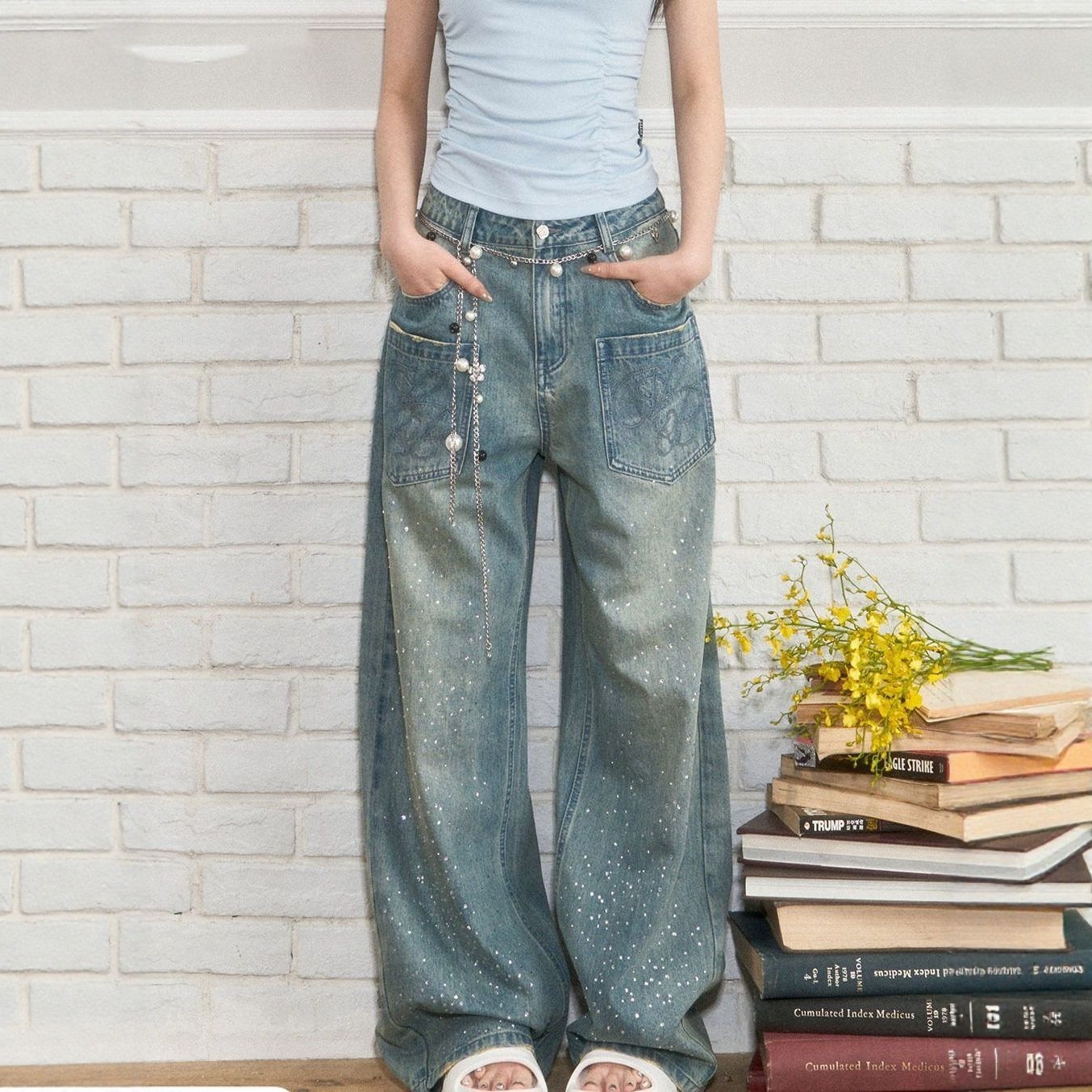 重磅设计感立体水钻阔腿牛仔长裤女装2026春季新款直筒复古牛仔裤,女装/女士精品,牛仔裤,淘宝优惠券,粉丝福利购,淘宝优惠卷