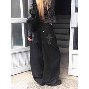 美式复古豹纹十字架弯刀牛仔裤女春秋款高街设计感宽松显瘦阔腿裤