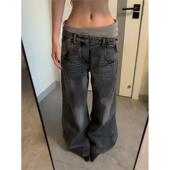 美式 子 高街设计感宽松显瘦阔腿裤 复古螺纹腰头直筒牛仔裤 女秋冬款