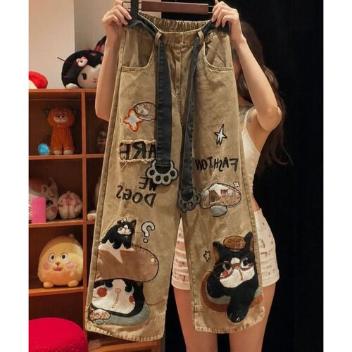 猫咖蘑菇小猫毛绒刺绣阔腿牛仔裤