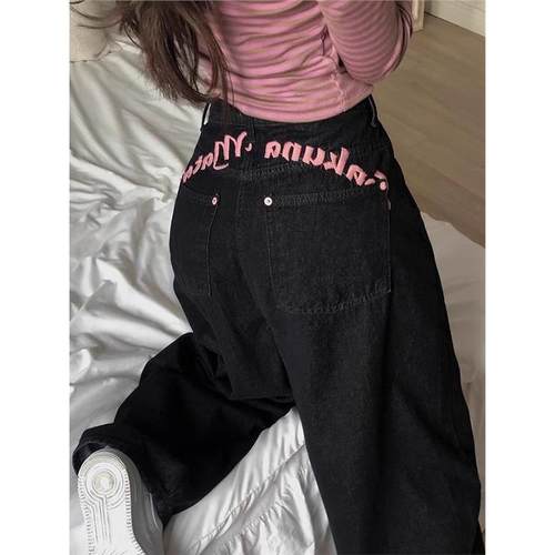 黑色后背刺绣字母印花牛仔裤女夏季新款甜酷辣妹高腰显瘦长裤子潮