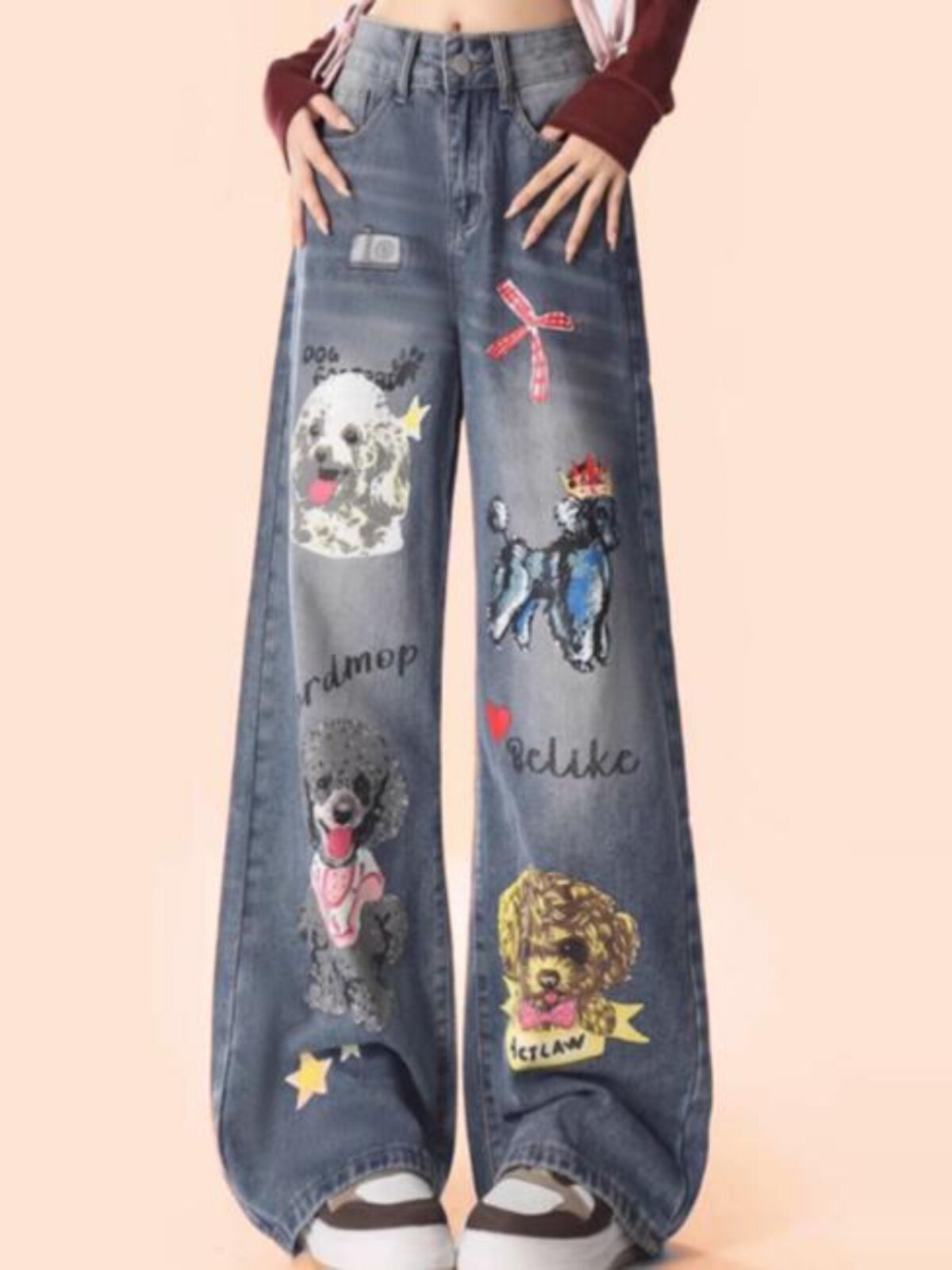 HIGH STREET RETRO CARTOON CAT & DOG EMBROIDERY PATCH WIDE LEG JEANS WOMENS AUTUMN AND WINTER NEW NATIONAL TIDE STUDENT STRAIGHT LEG TROUSERS