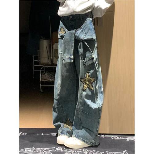 美式复古hiphop豹纹贴布星星刺绣设计感牛仔裤女廓形宽松拖地裤子