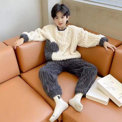 全棉纯棉男童秋冬季睡衣男珊瑚绒新款法兰绒男孩中大童套头儿童