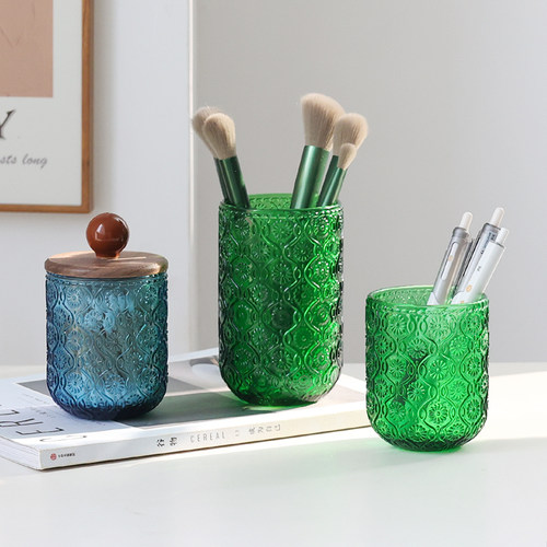 海棠花浮雕欧式玻璃化妆刷收纳桶