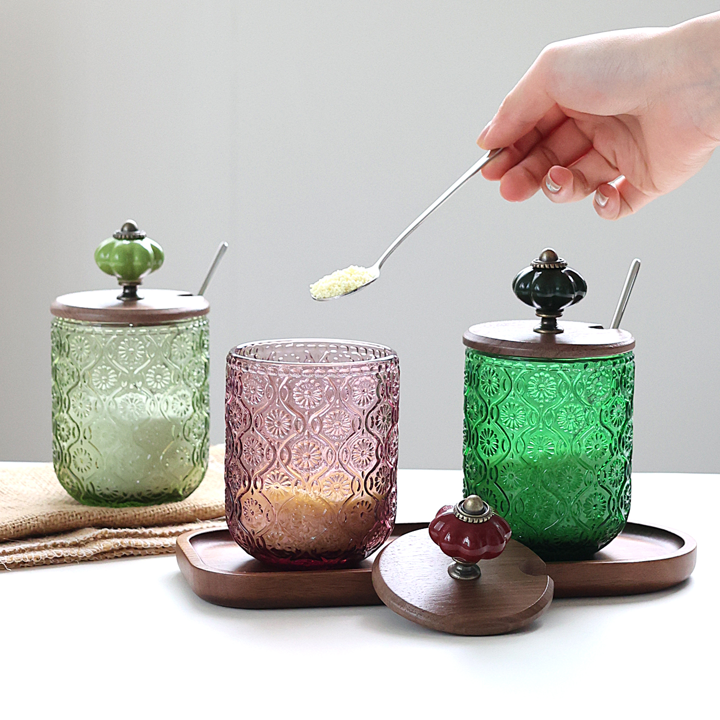 美式复古厨房玻璃调味罐盐罐味精辣椒罐餐厅调味盒套装胡桃木托盘