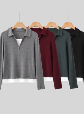 【假两件极简老钱风打底】240g显瘦翻领针织上衣3072