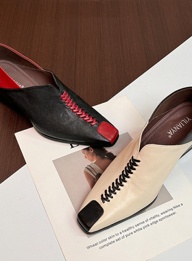 植鞣羊皮高跟鞋女深口气质单鞋大码法式复古通勤红黑色新款小皮鞋